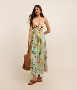 Vestido New Midi em Algodão com Decote Torcido e Mix de Estampas Tropical