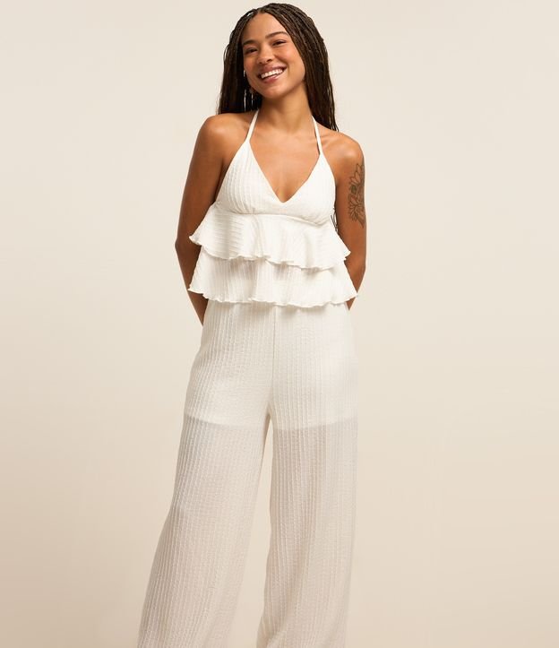 Calça Pantalona Texturizada com Frufru na Barra