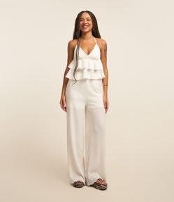 Calça Pantalona Texturizada com Frufru na Barra