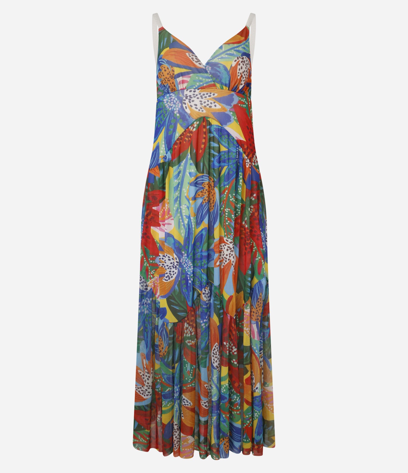 Vestido Godê Longo em Tule com Babados e Estampa Floral Tropical Multicores 1