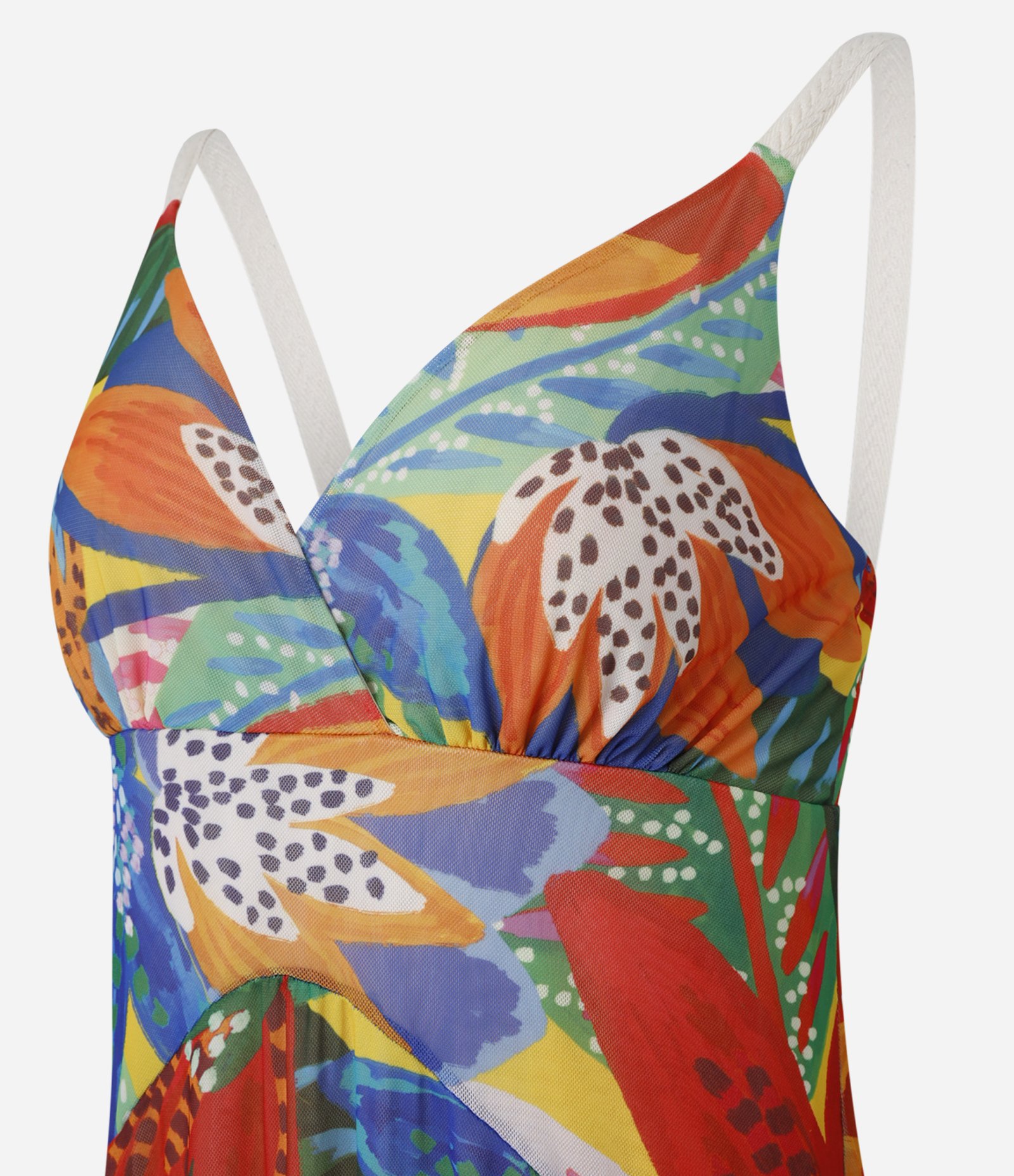 Vestido Godê Longo em Tule com Babados e Estampa Floral Tropical Multicores 2
