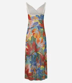 Vestido Godê Longo em Tule com Babados e Estampa Floral Tropical