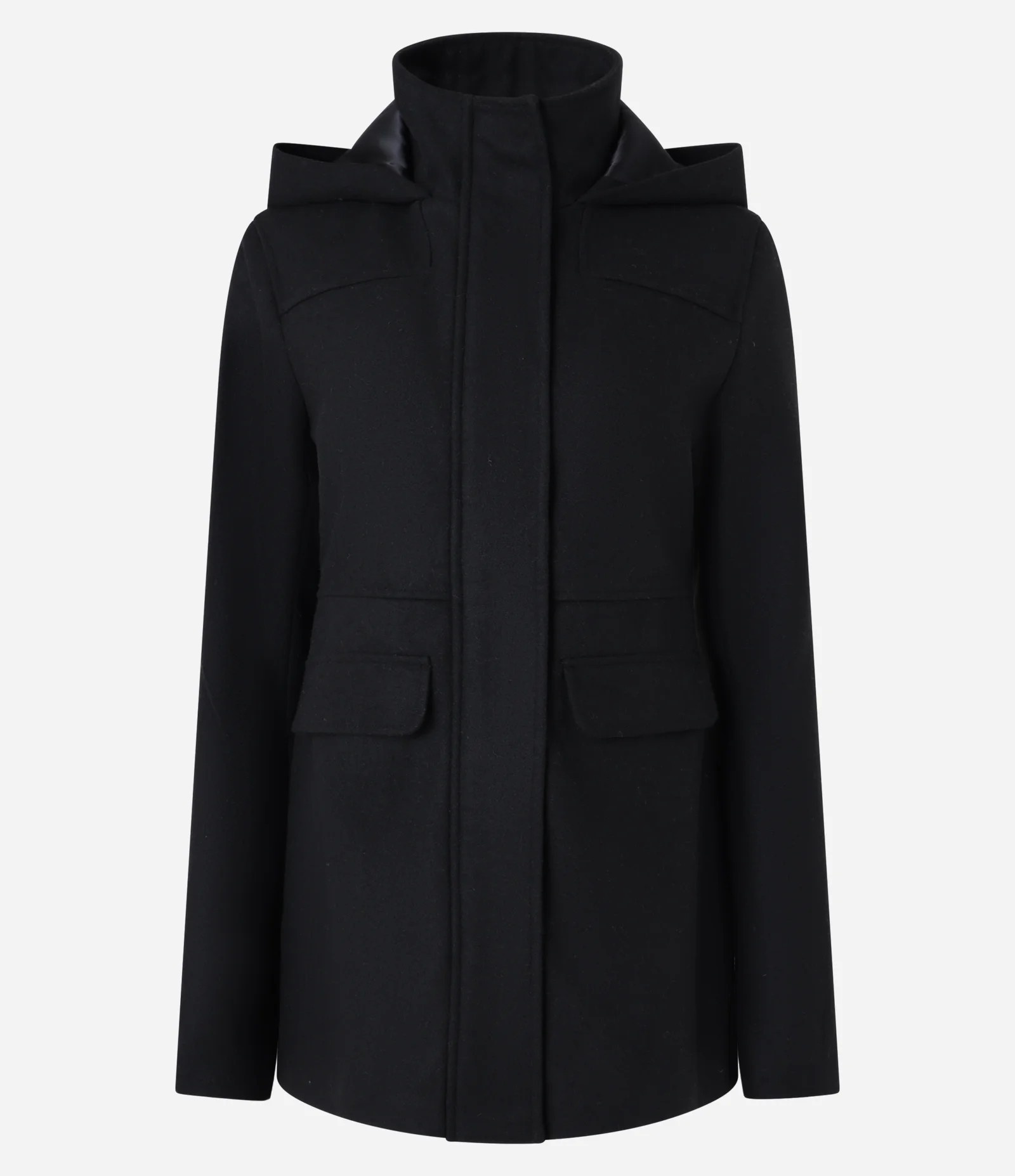 Jaqueta Alongada em Polyvelour com Capuz e Bolsos Preto 1