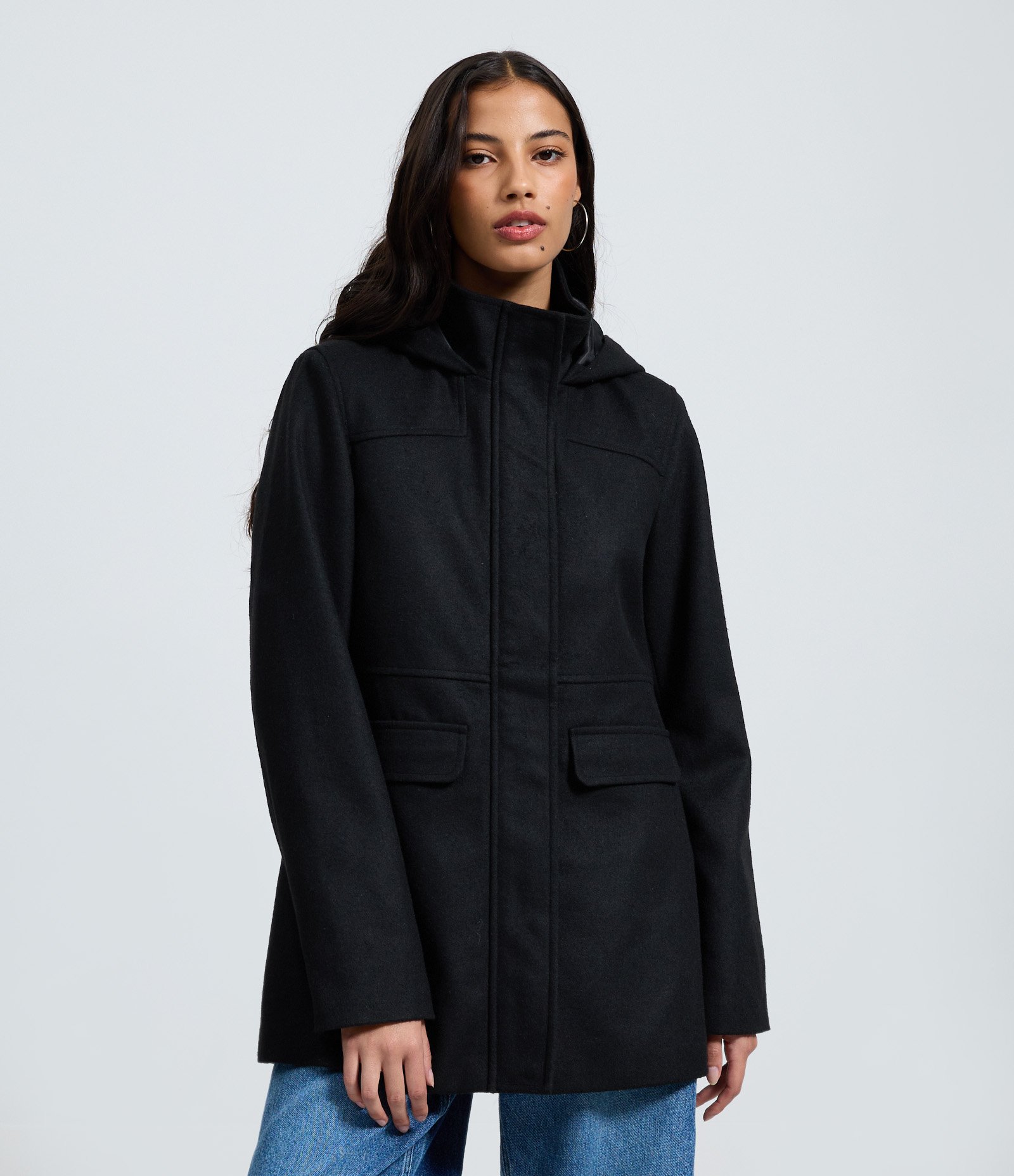 Jaqueta Alongada em Polyvelour com Capuz e Bolsos Preto 1