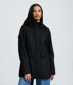 Jaqueta Alongada em Polyvelour com Capuz e Bolsos