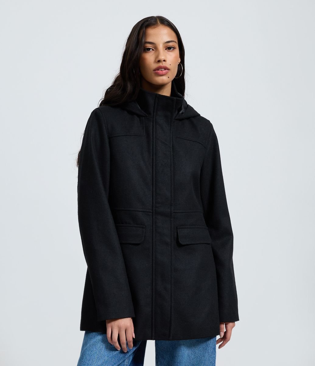Jaqueta Alongada em Polyvelour com Capuz e Bolsos Preto