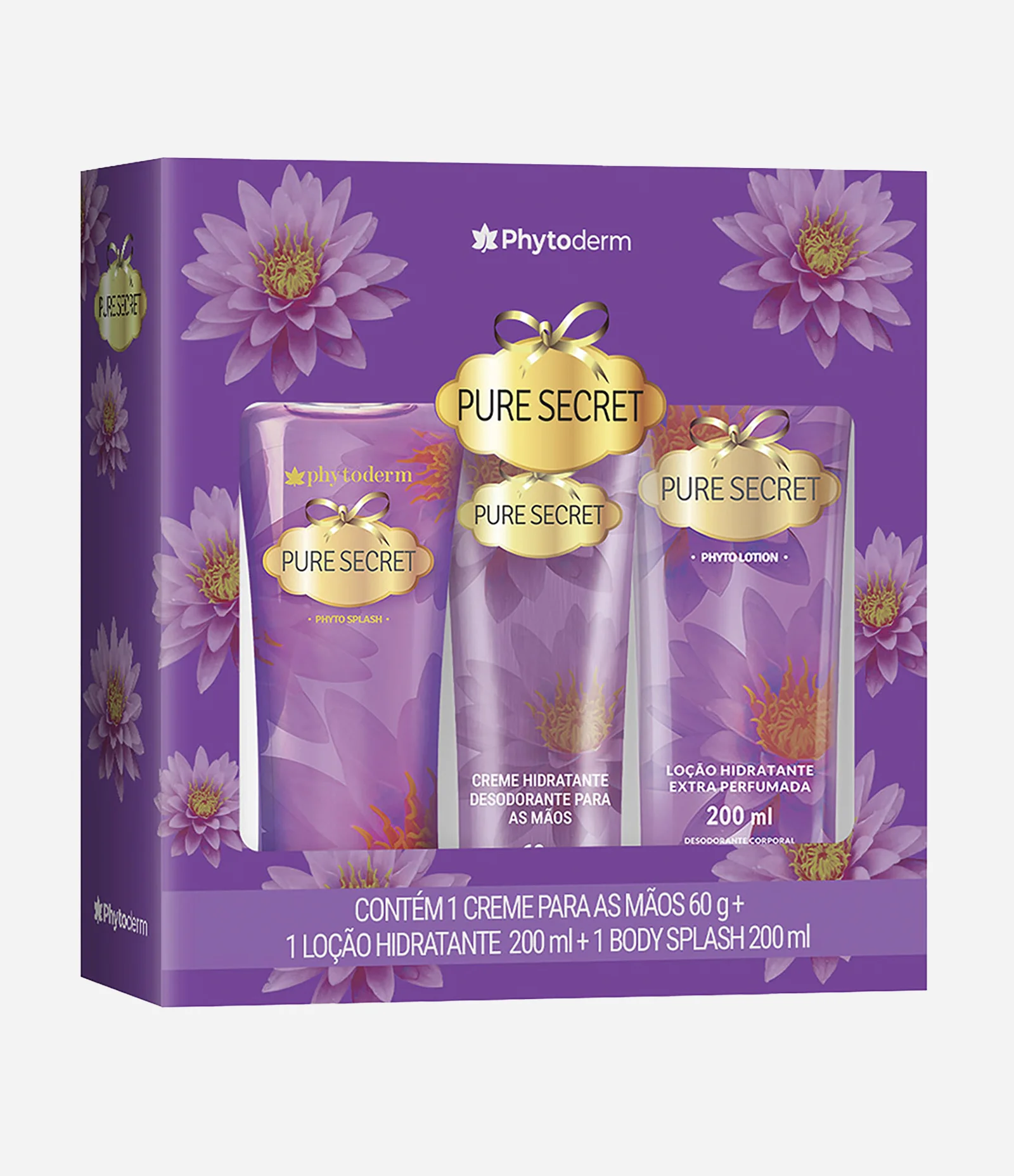 Kit Phytoderm Feminino Pure Secret Deo Colônia Splash 200ml + Creme de Mãos 60g + Loção Hidratante 200ml KIT 1
