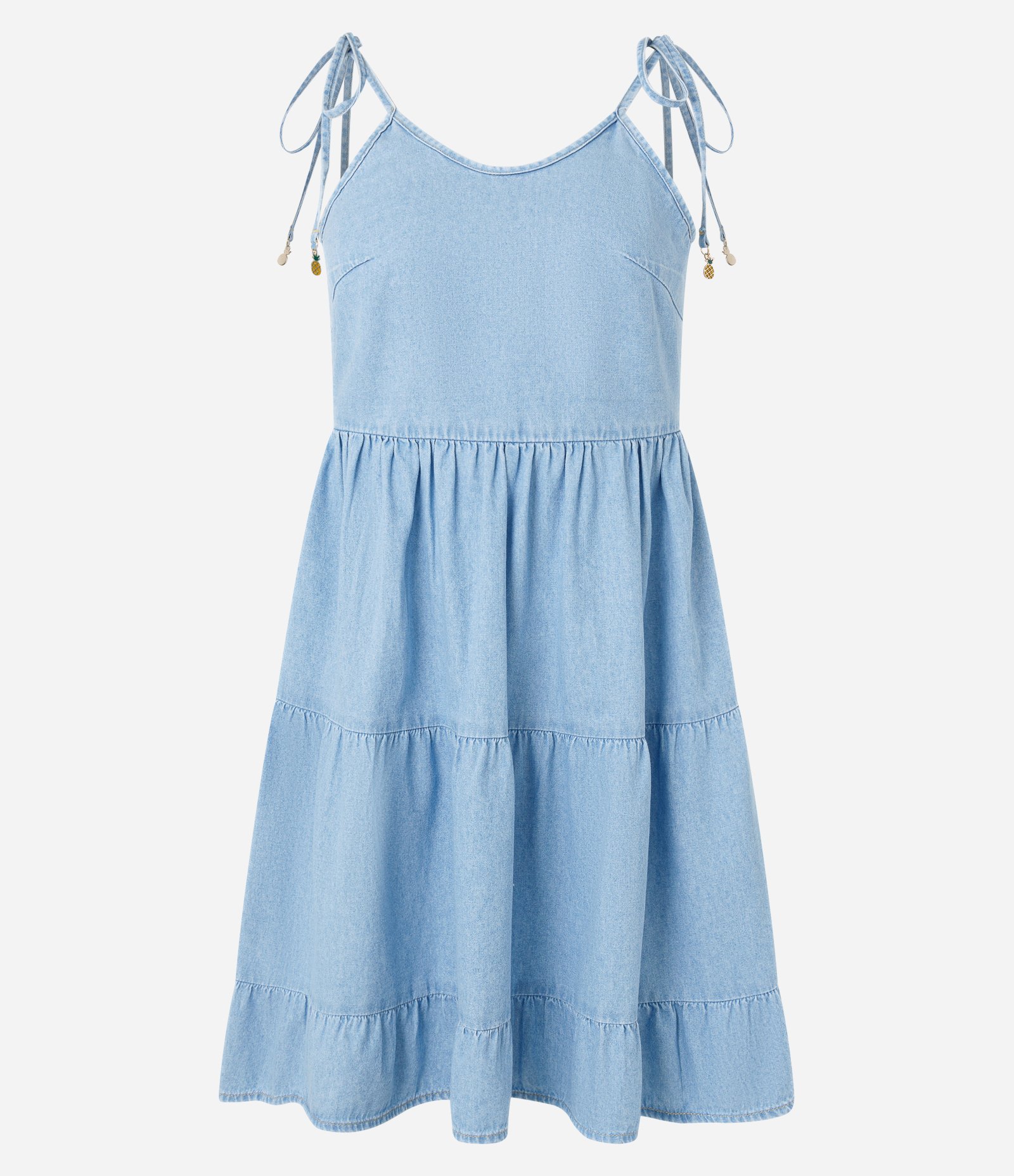 Vestido Curto em Jeans com Amarração nas Alças e Babados Azul 6