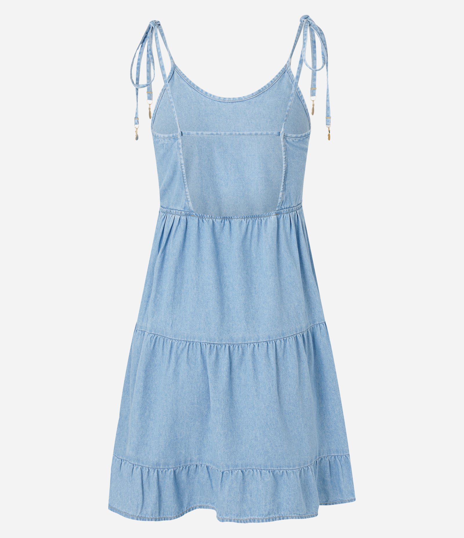 Vestido Curto em Jeans com Amarração nas Alças e Babados Azul 7