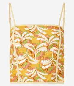 Blusa Cropped em Twill com Estampa de Folhagens