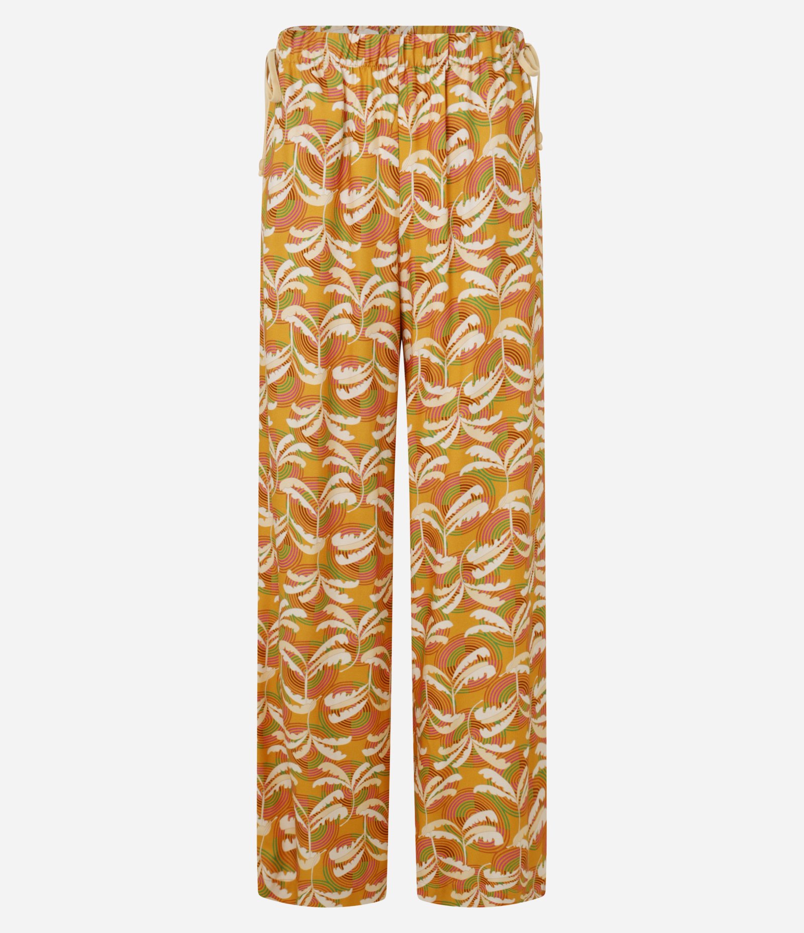 Calça Wide Leg em Twill com Amarração e Estampa de Folhagens Amarelo 1