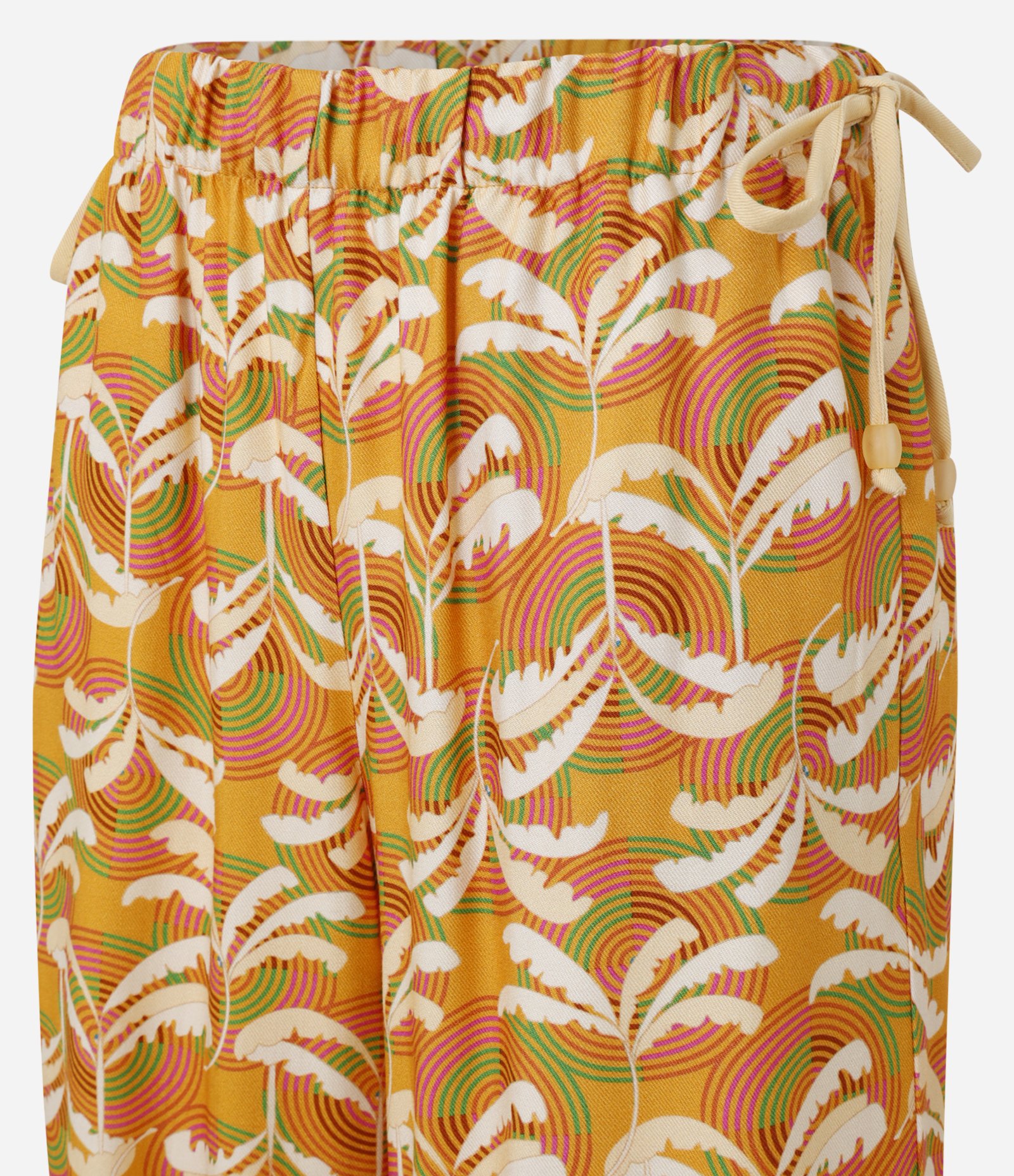 Calça Wide Leg em Twill com Amarração e Estampa de Folhagens Amarelo 2