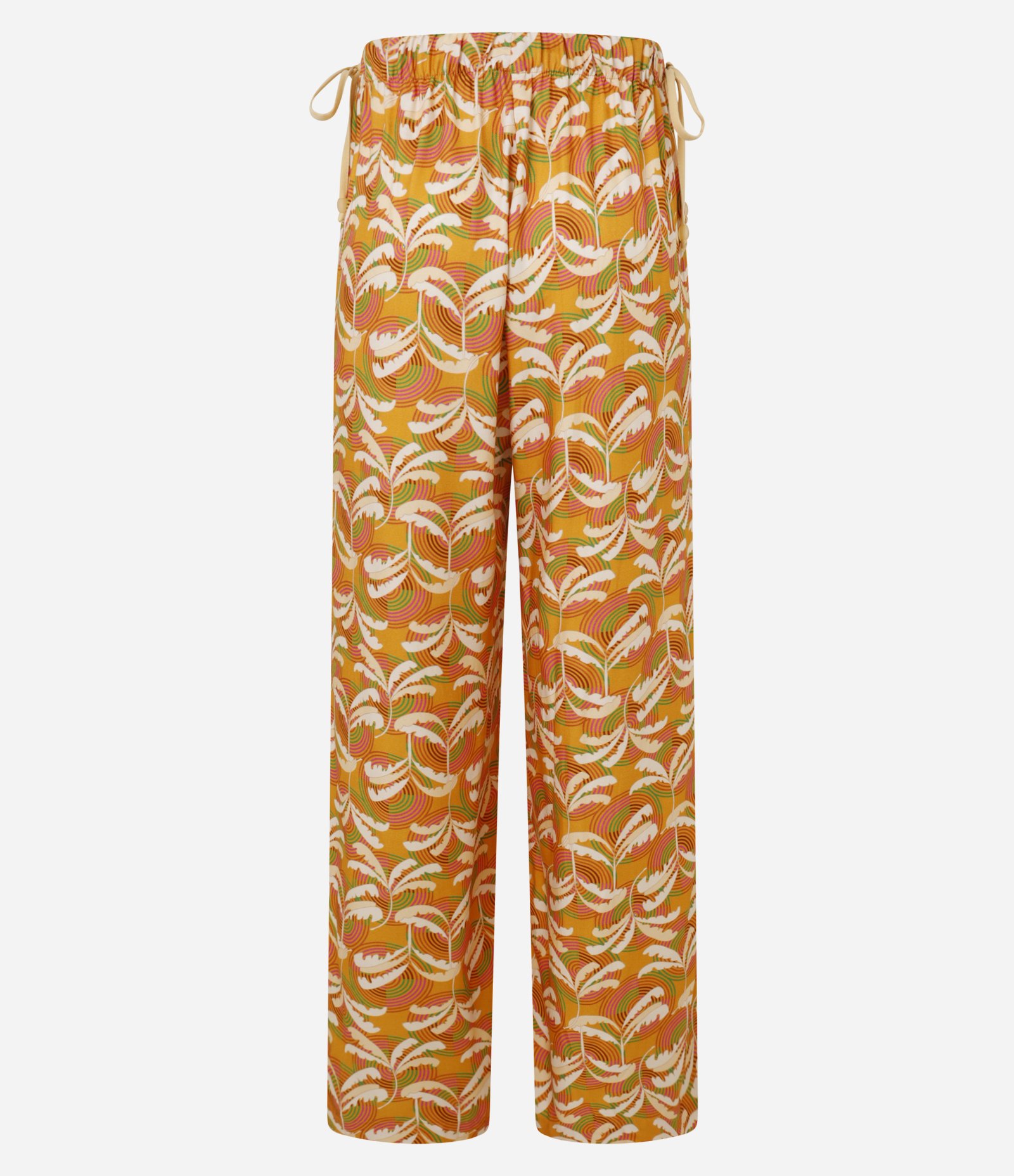 Calça Wide Leg em Twill com Amarração e Estampa de Folhagens Amarelo 3