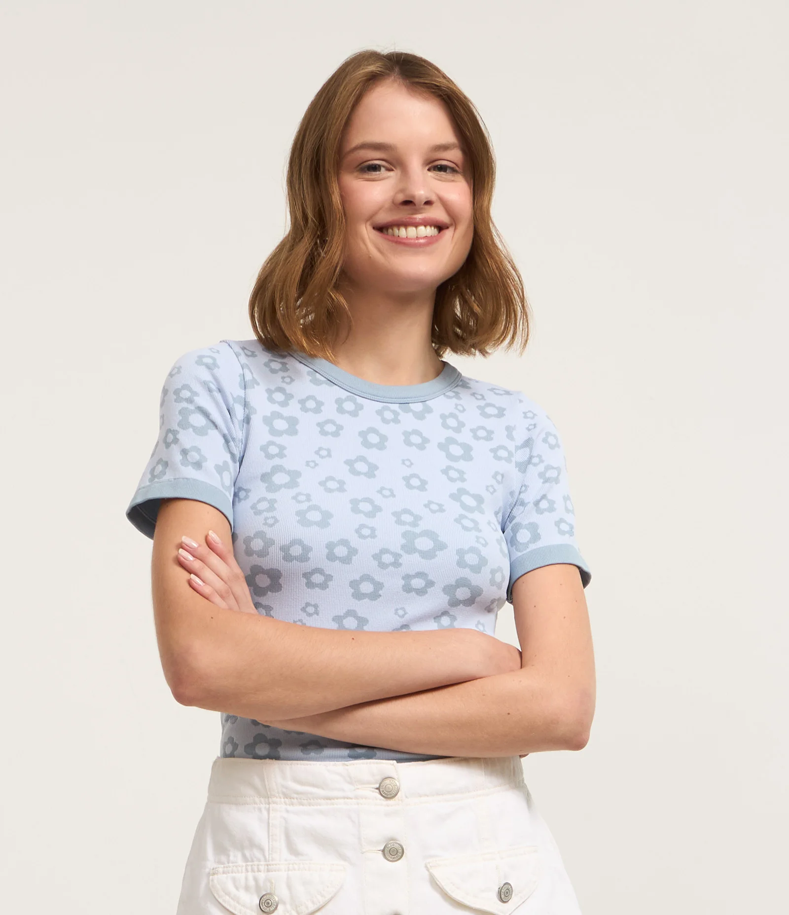 Blusa em Jacquard Seamless com Florzinhas Azul 1