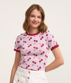 Blusa em Jacquard com Gola Contrastante e Estampa de Cerejinhas