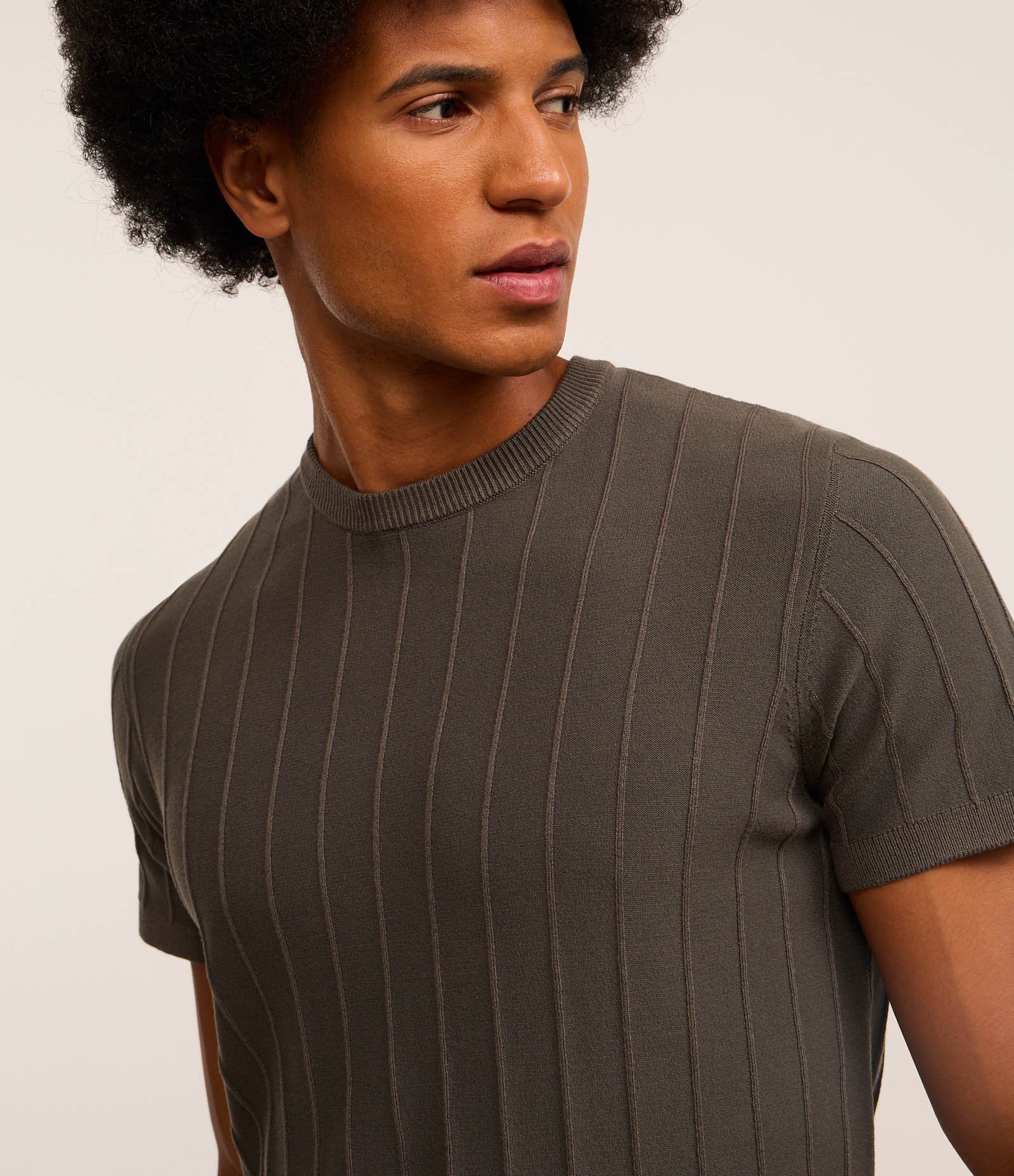 Camiseta Slim em Tricô com Relevos Verticais Verde Escuro 3