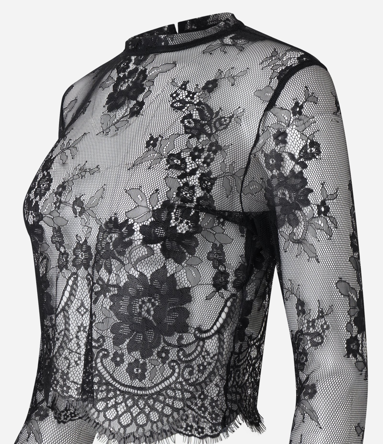 Blusa em Renda Floral com Barra e Punho Desfiados Preto 2