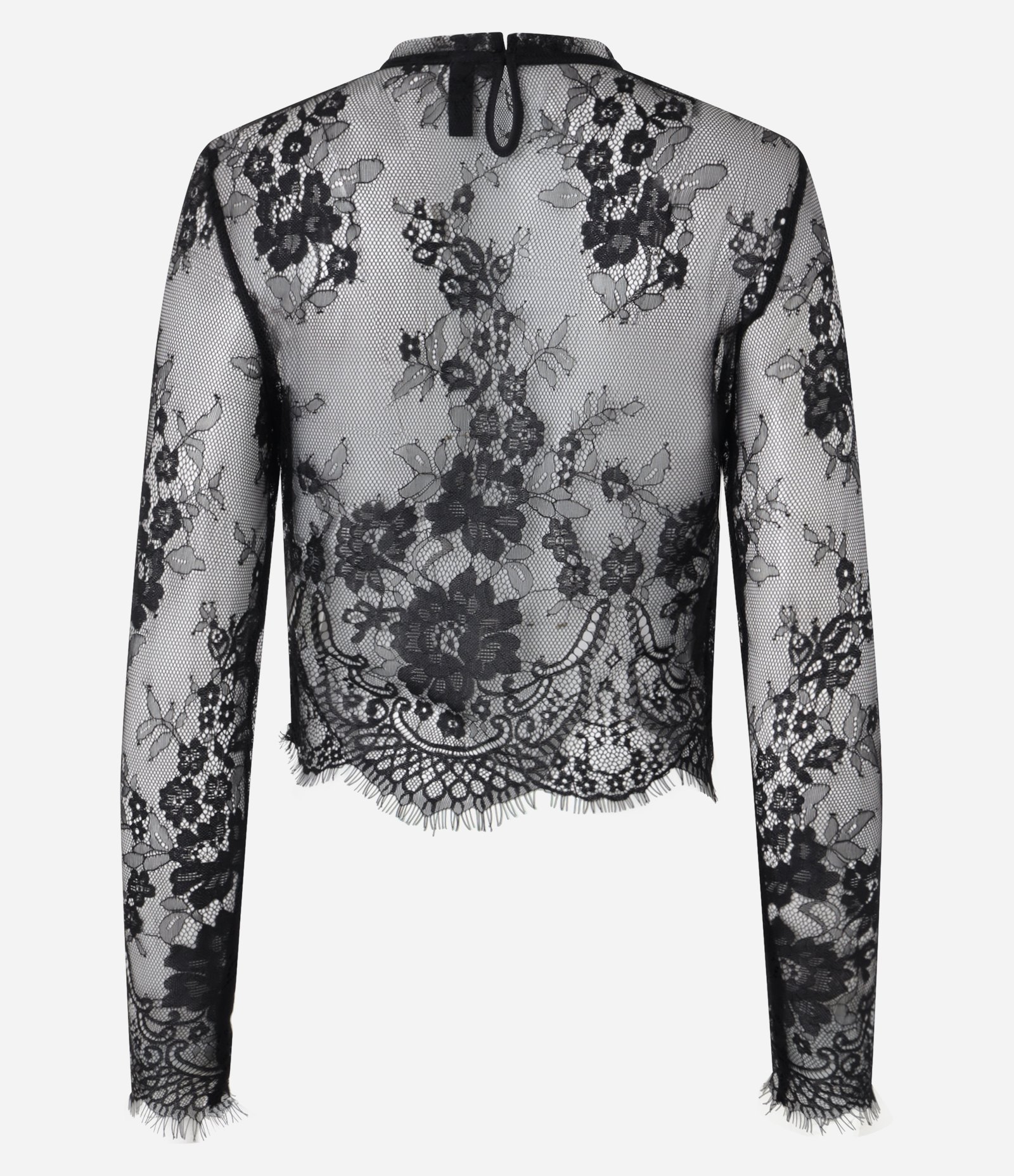 Blusa em Renda Floral com Barra e Punho Desfiados Preto 3
