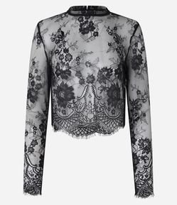 Blusa em Renda Floral com Barra e Punho Desfiados