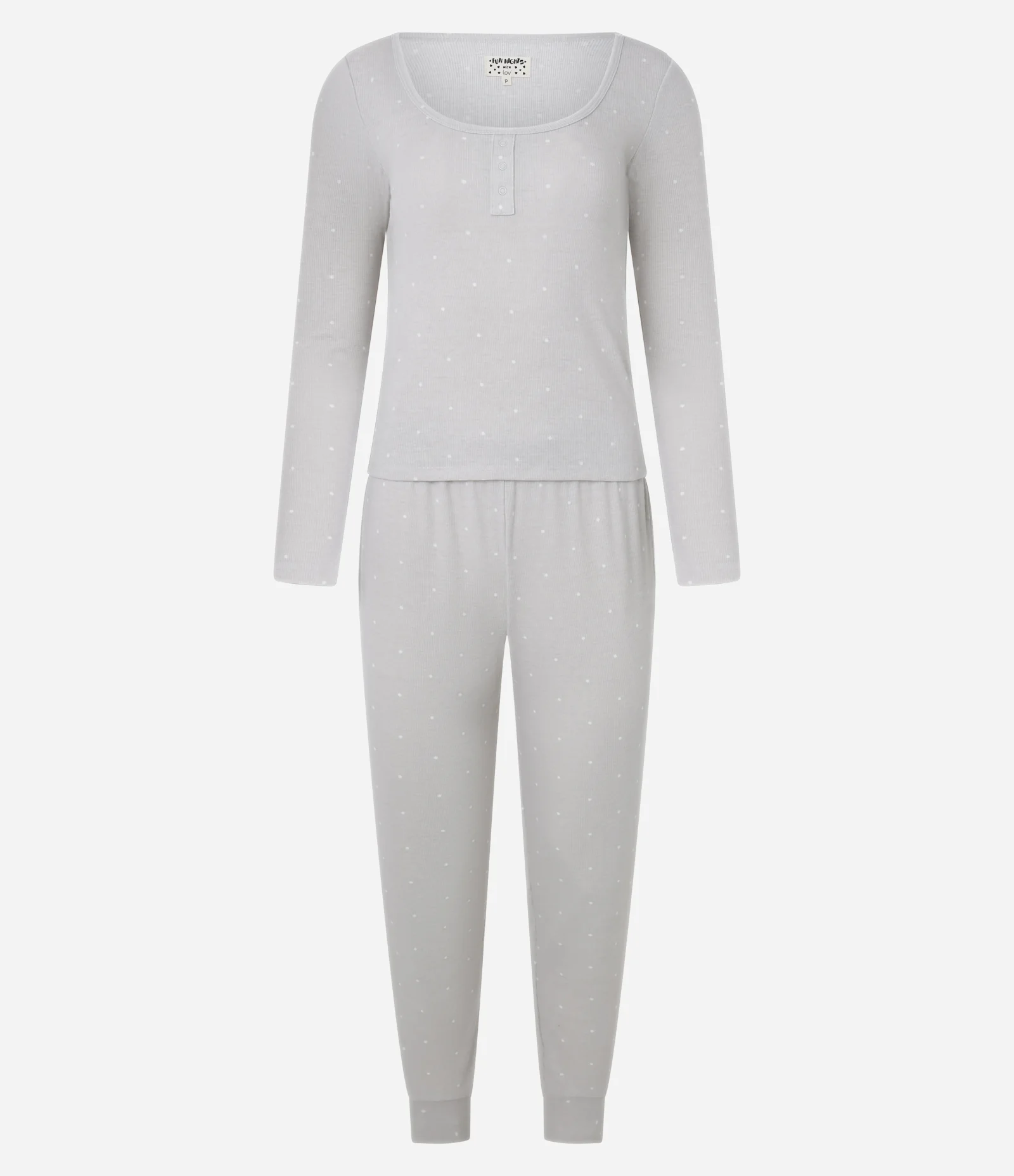 Pijama Longo em Ribana com Estampa Poá Cinza 4