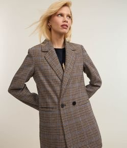 Blazer Longo Alfaiatado Polivelour Xadrez com Bolsos