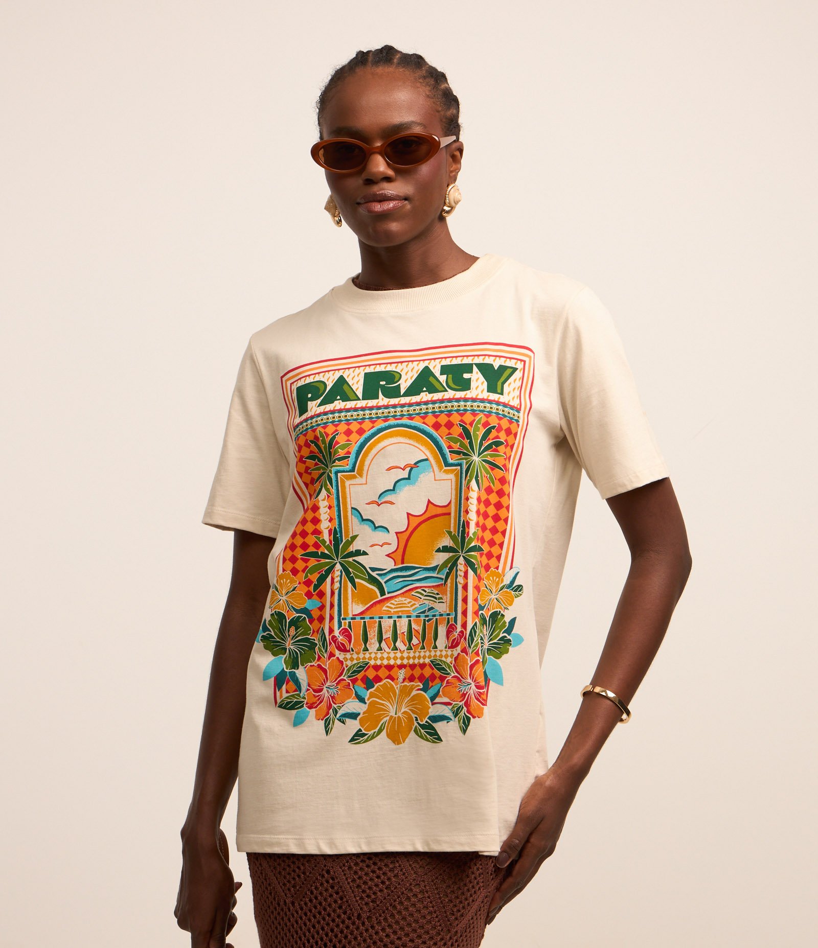 Camiseta Alongada em Algodão com Estampa Paraty Branco 1