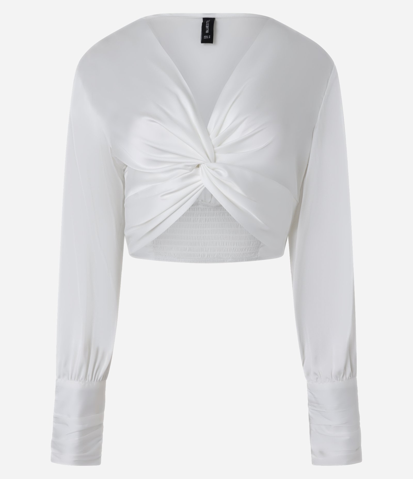 Blusa Cropped Acetinada com Nó Frontal e Punhos Drapeados Branco 6