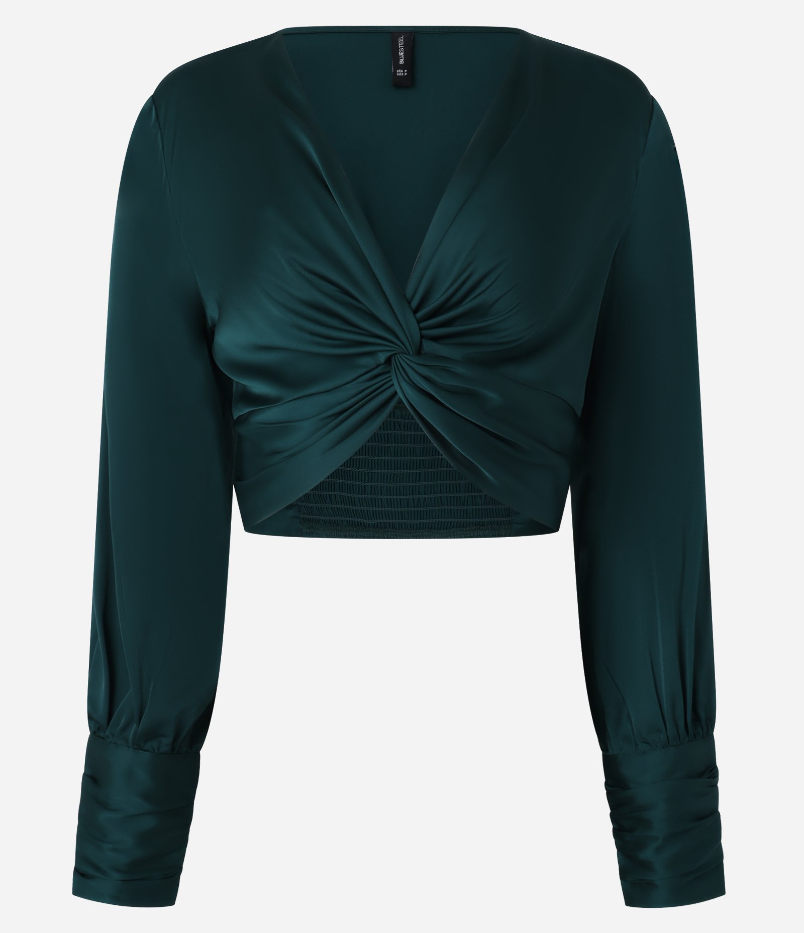 Blusa Cropped Acetinada com Nó Frontal e Punhos Drapeados Verde 4