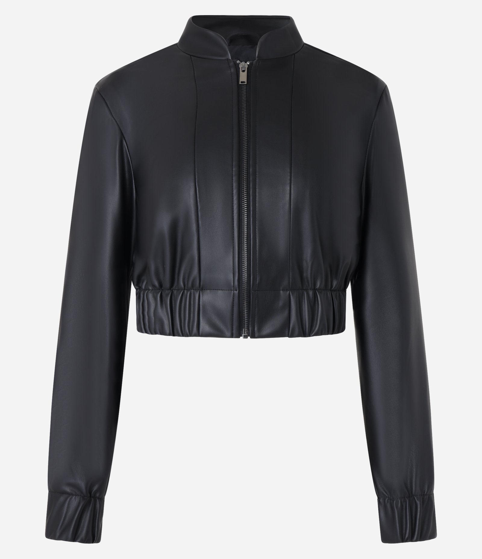 Jaqueta Bomber em PU com Recortes e Zíper Frontal Preto