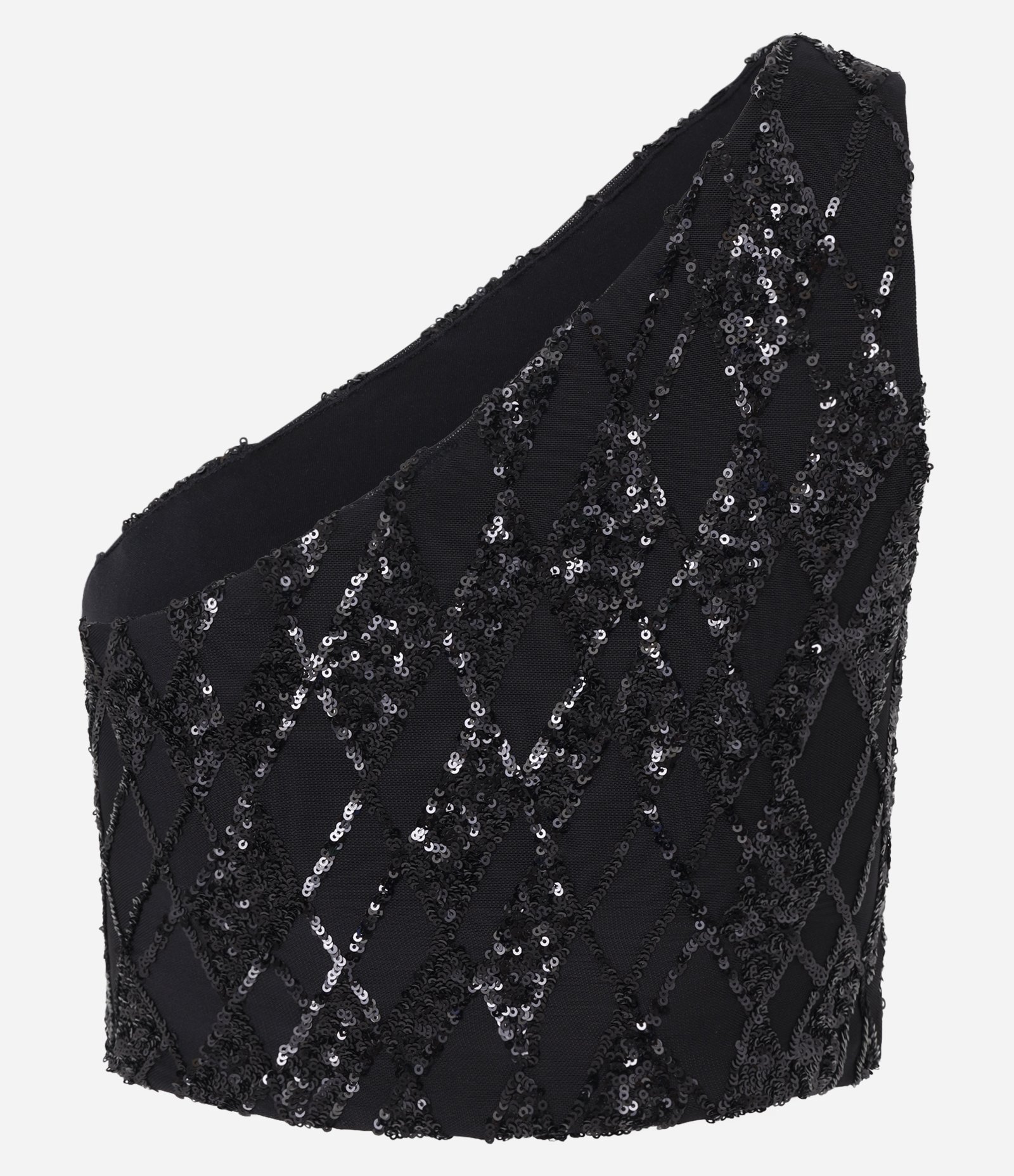 Blusa Cropped em Paetê Geométrico com Ombro Só Preto 7