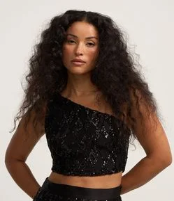 Blusa Cropped em Paetê Geométrico com Ombro Só