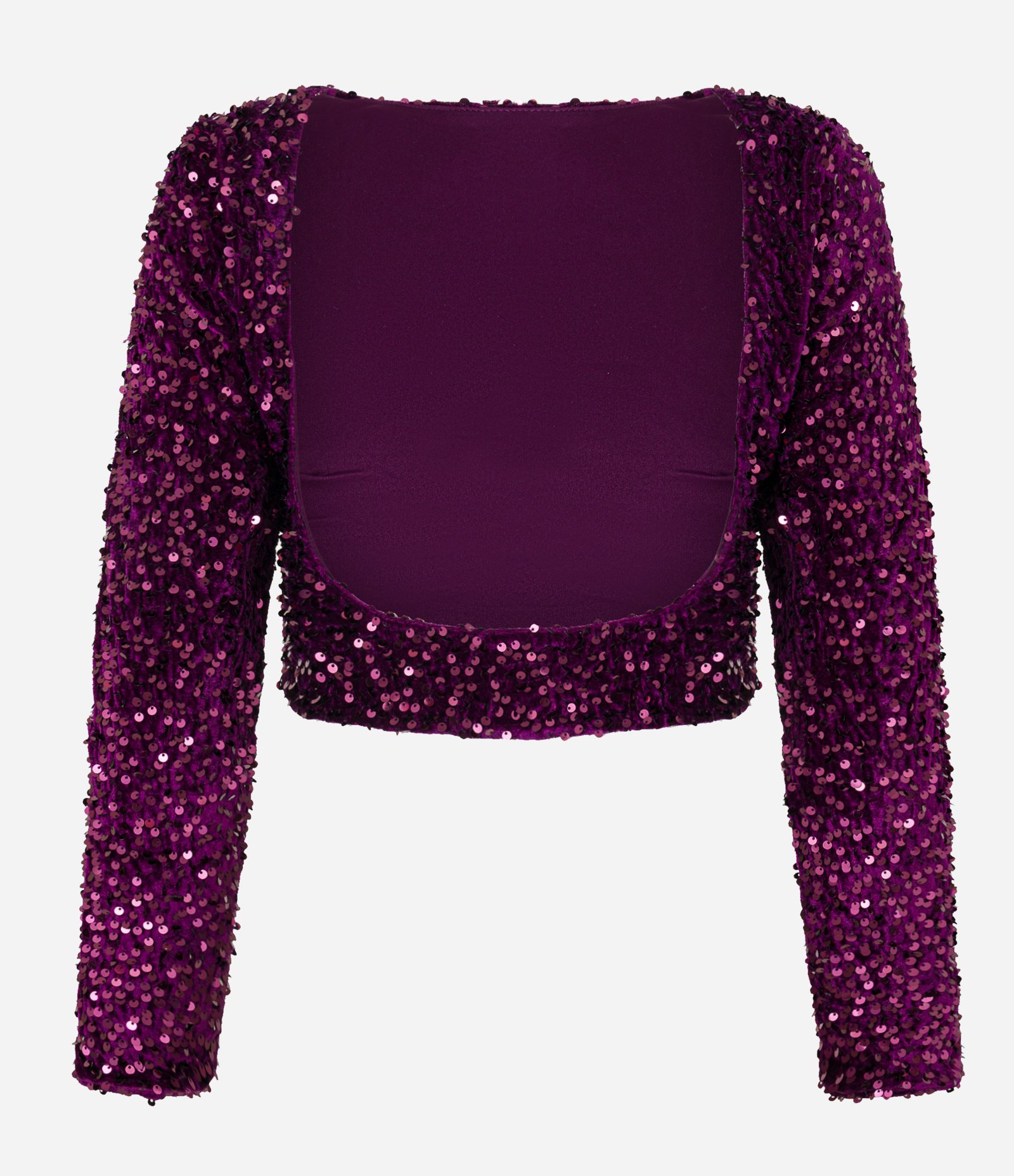 Blusa Cropped em Paetê Metalizado e Costas Abertas Roxo 7