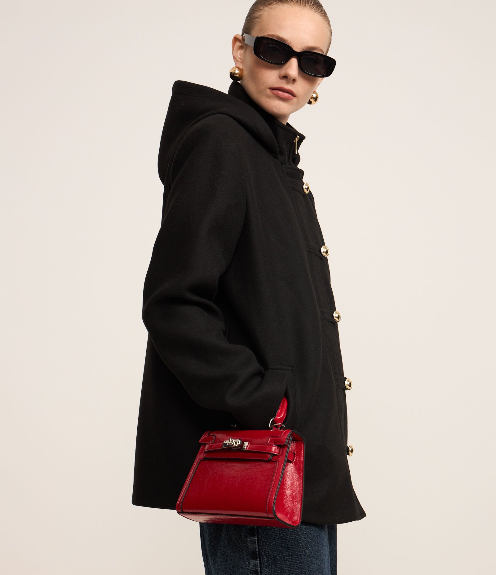 Casaco em Polivelour com Capuz e Abotoamento Transpassado Preto 6