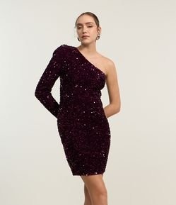 Vestido Curto Ombro Único com Paetês e Ombreira