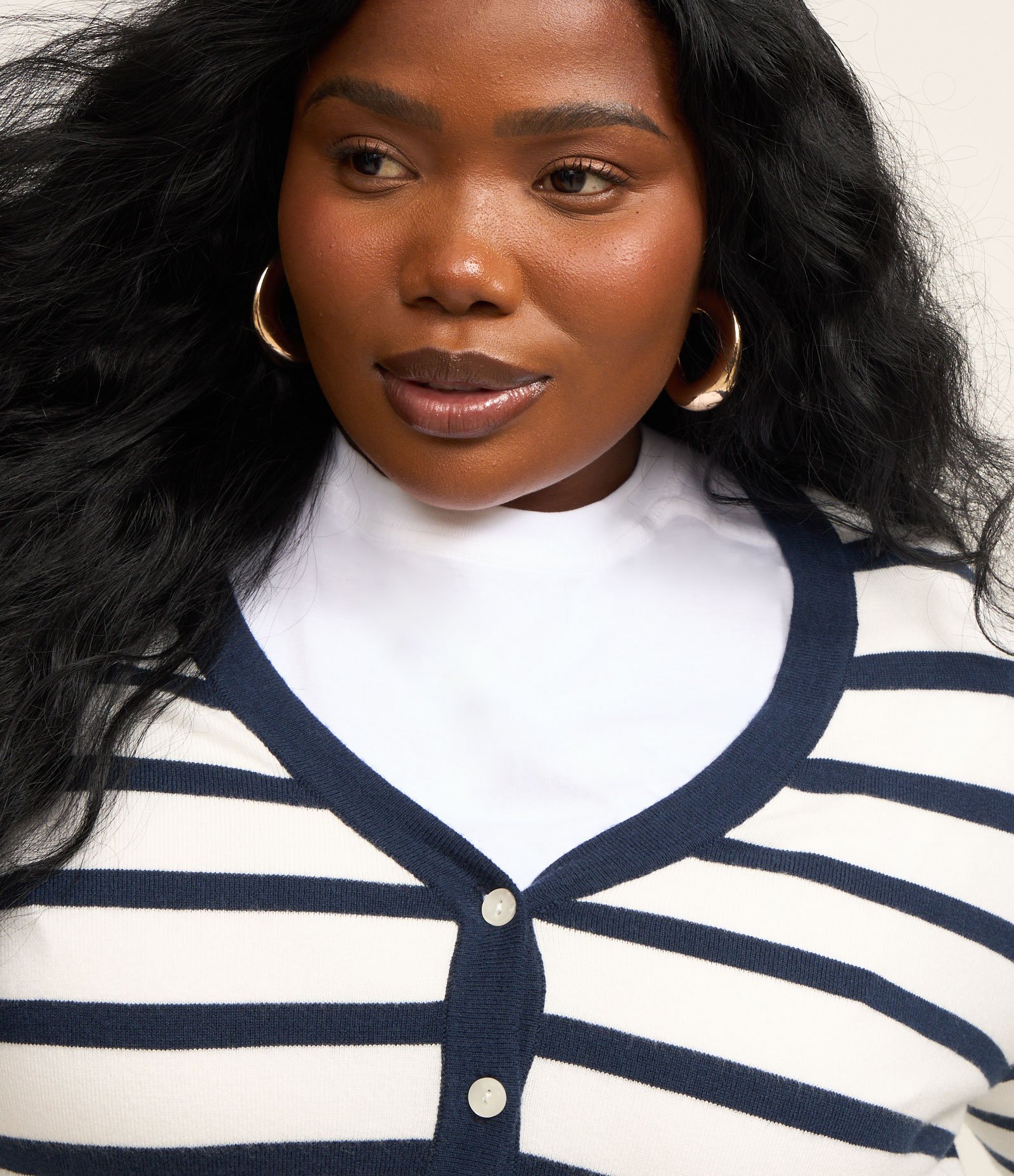 Cardigan em Tricô Leve Listrado Curve & Plus Size Azul Escuro/Branco 2
