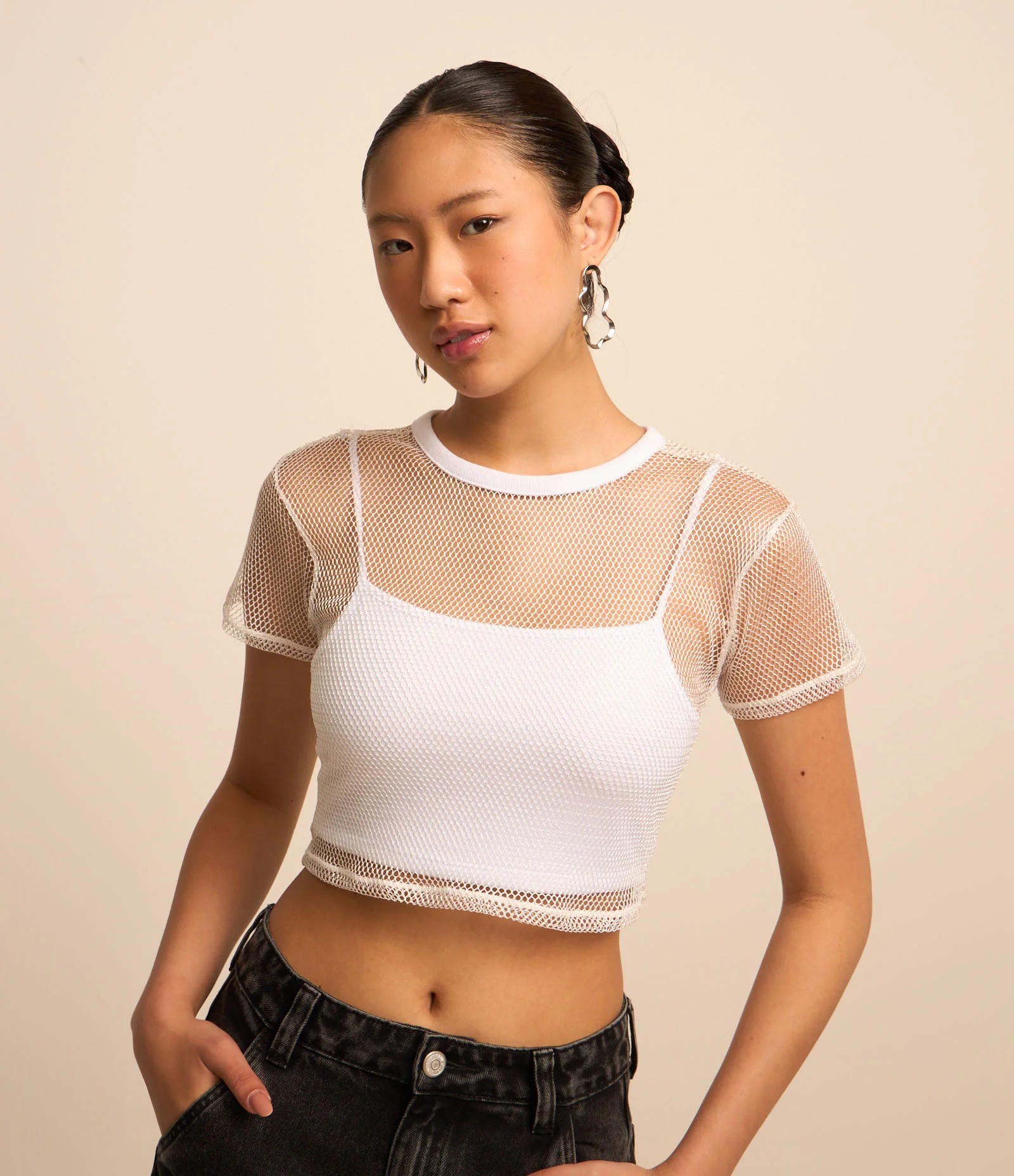 Blusa Cropped em Fio Metalizado com Top Interno Branco 1