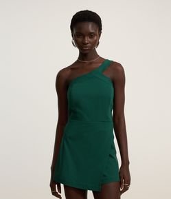 Macaquinho Short Saia em Bengaline com Ombro Só e Sobreposição