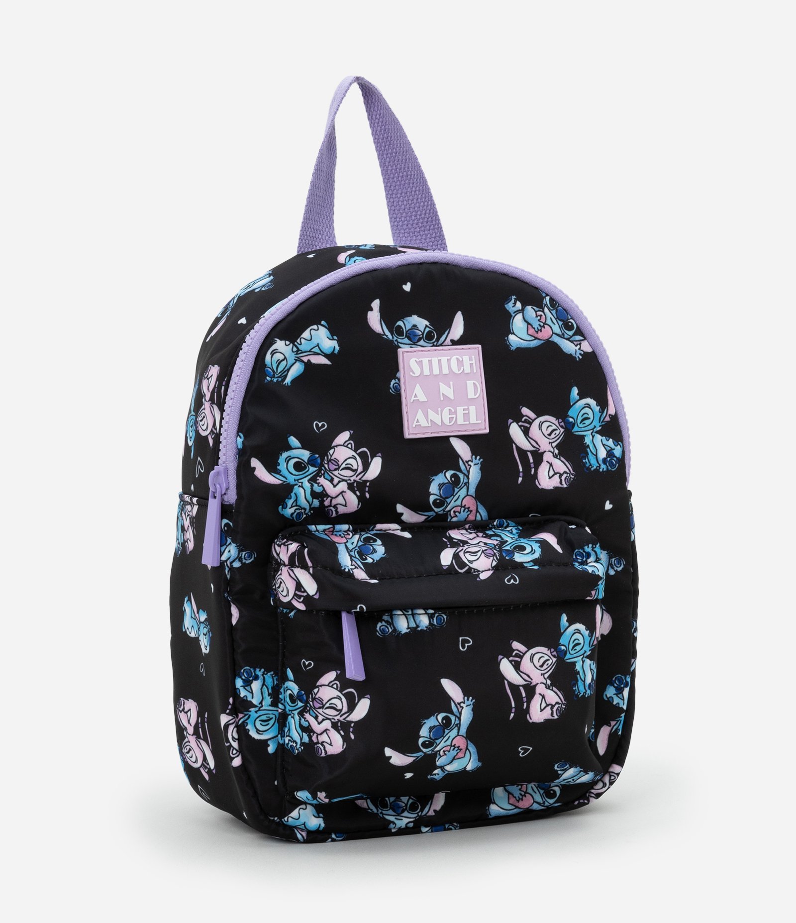 Mochila Infantil com Bolsinho e Estampa Stitch e Angel - Tam Único Preto/Lilás 1