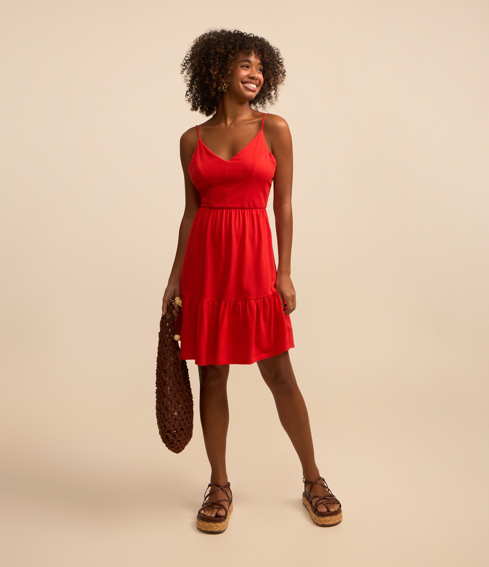 Vestido Curto em Algodão com Recorte e Alcinhas Finas Vermelho 1