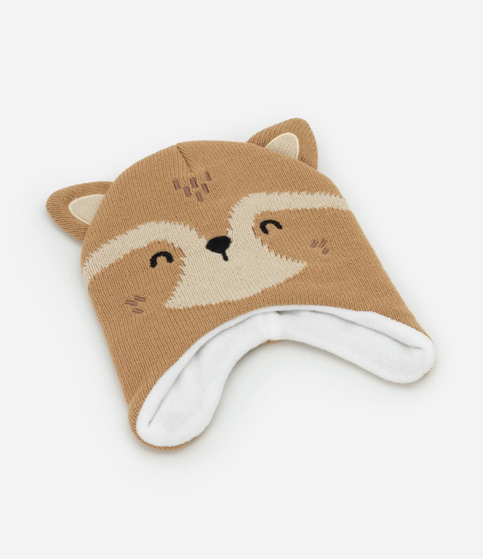 Touca Infantil em Tricô com Orelhinhas e Estampa Raposa - Tam Único Marrom 1