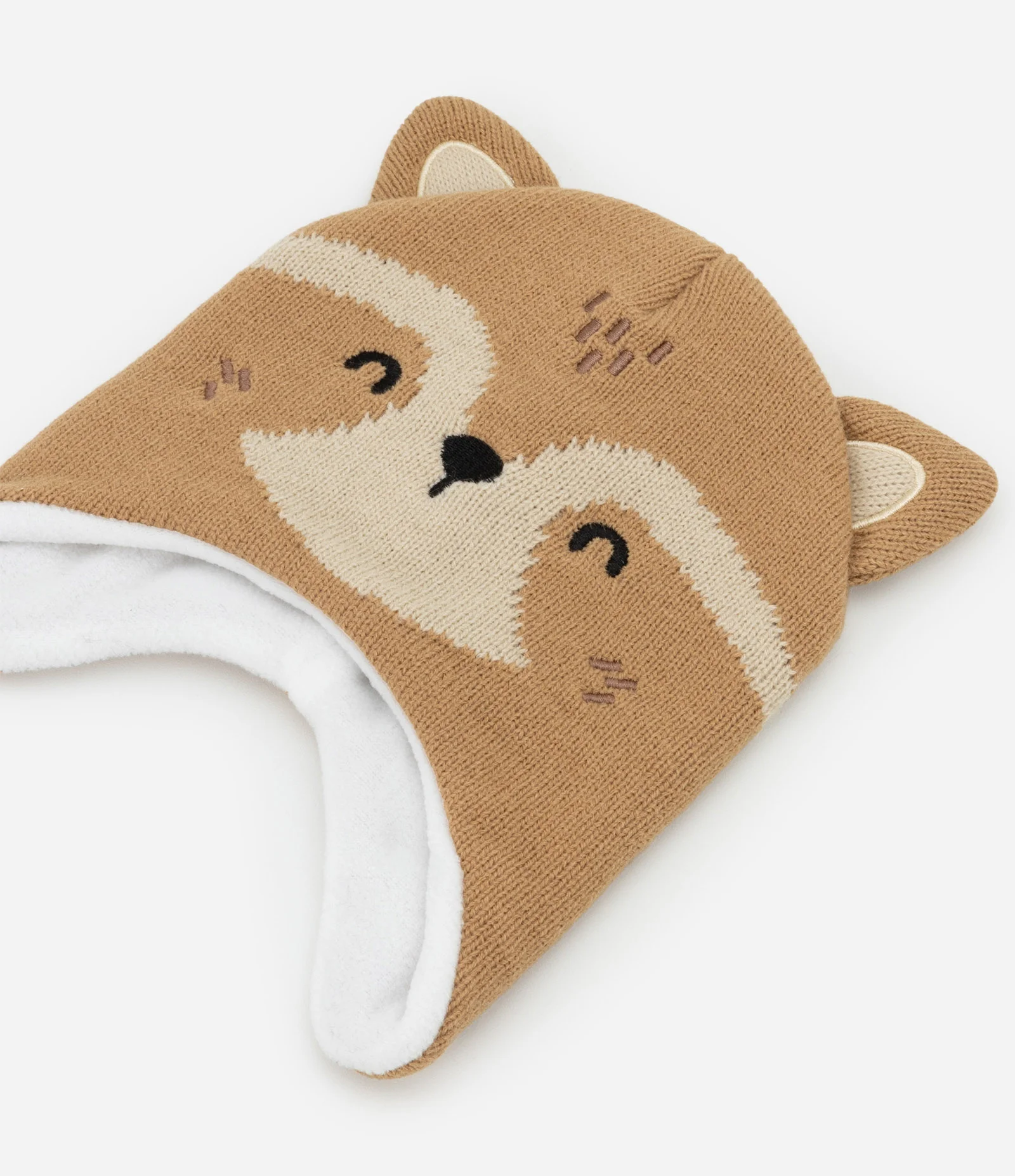 Touca Infantil em Tricô com Orelhinhas e Estampa Raposa - Tam Único Marrom 2