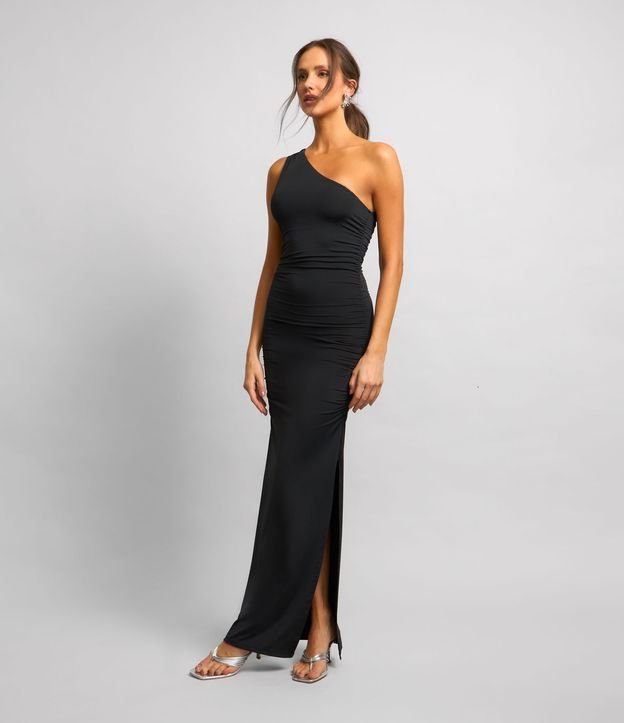 Vestido Midi em Poliamida com Um Ombro Só e Franzidinho