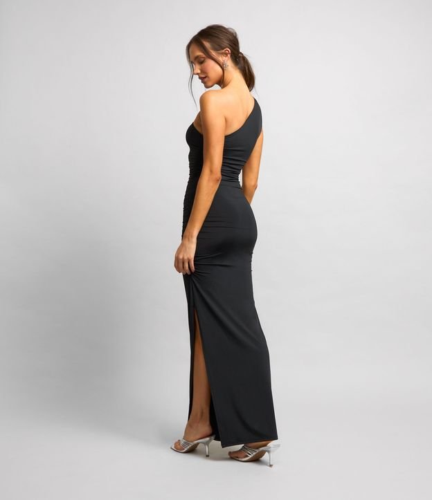 Vestido Midi em Poliamida com Um Ombro Só e Franzidinho