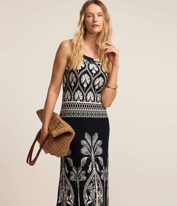 Vestido Midi em Viscose com Alça Fina e Estampa Oásis