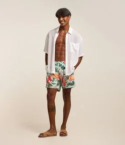 Bermuda de Banho em Microfibra com Estampa de Folhagem com Caju