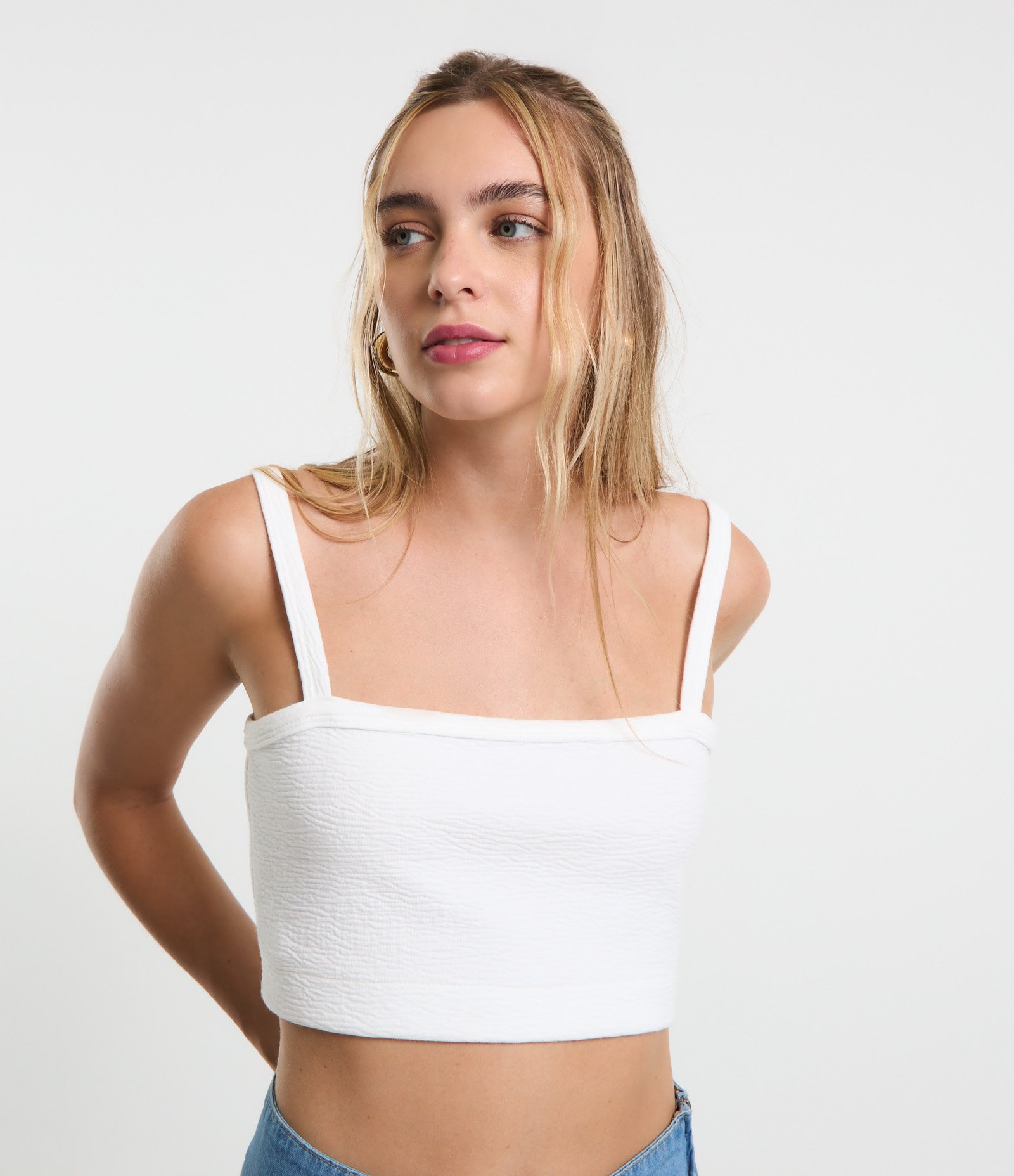 Blusa de Alça Cropped Jacquard com Textura Branco 1