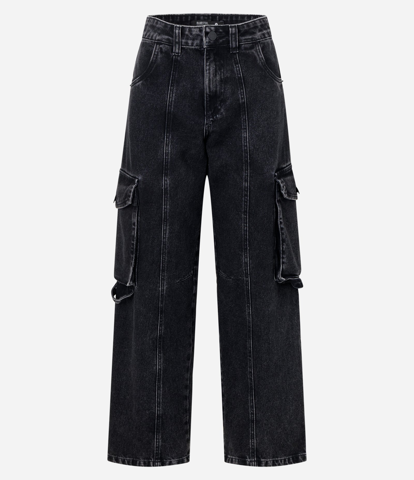 Calça Reta em Jeans com Bolsos Cargo e Friso Frontal Preto 6