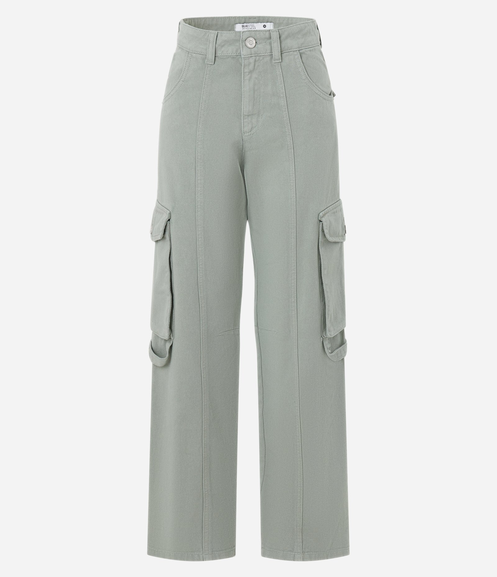 Calça Reta em Jeans com Bolso Cargo e Friso Frontal Verde 6
