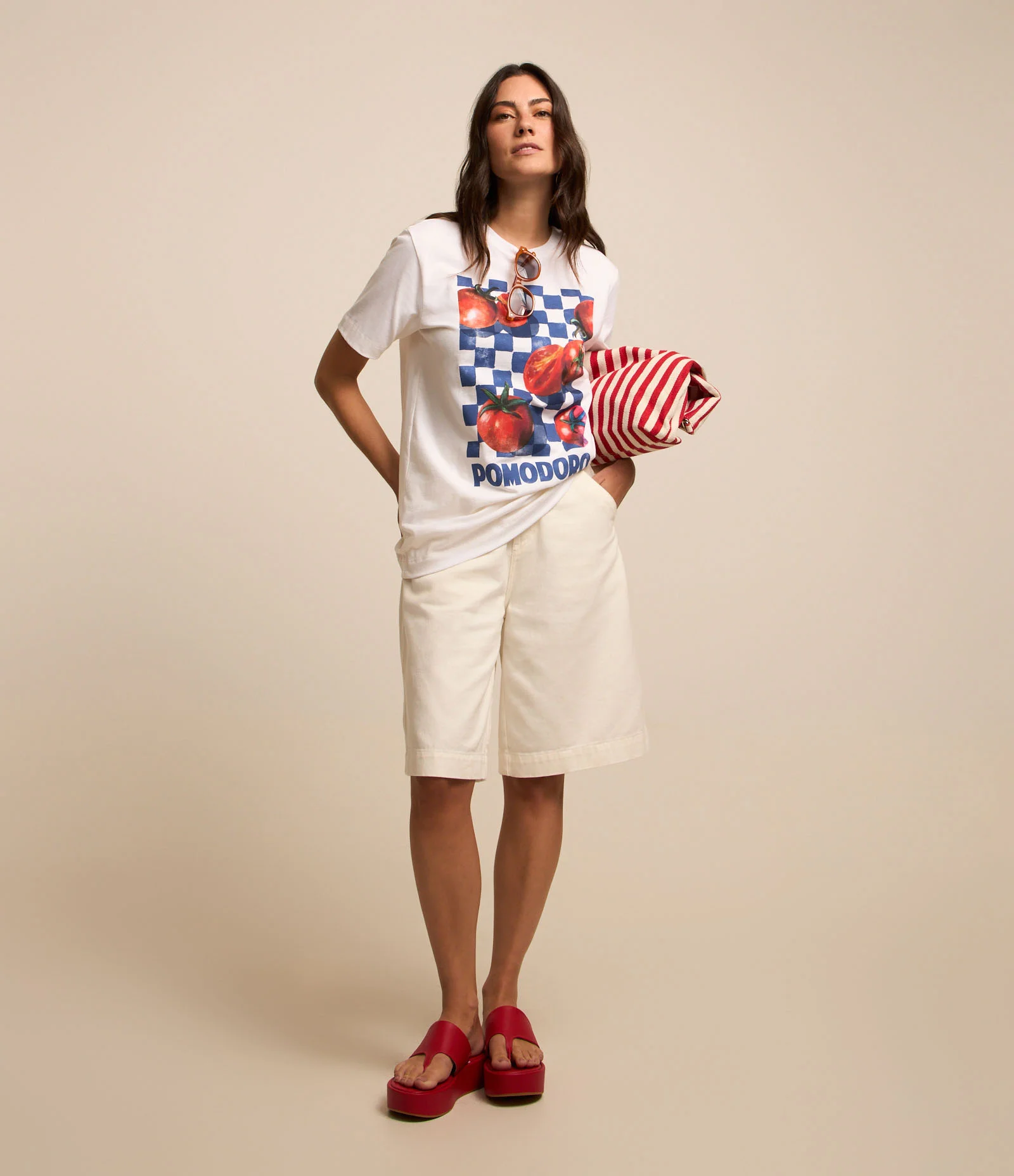 Camiseta em Algodão com Estampa Xadrez Pomodoro Branco 2