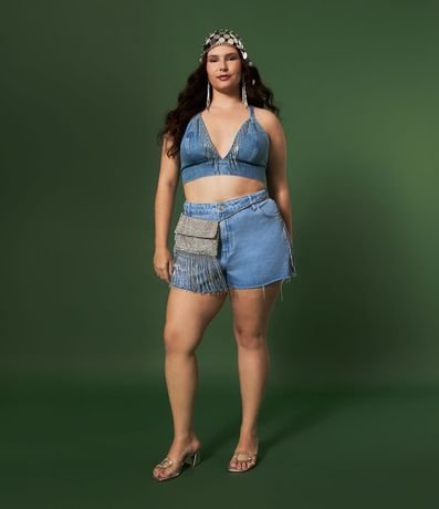 Short Jeans com Franjas de Strass Curve & Plus Size Short Jeans com Franjas de Strass Curve & Plus Size